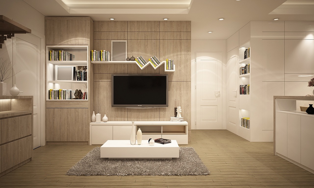 Minimalistische woonkamer met natuurlijke accenten en technologie. Minimalistische woonkamer met natuurlijke accenten en technologie.
